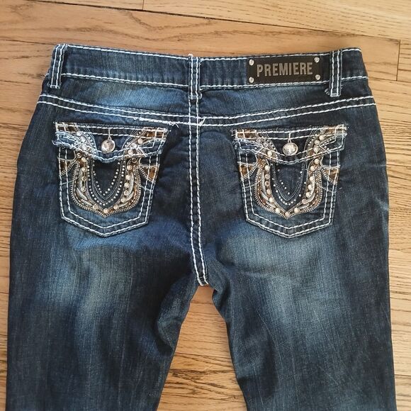 Rue 21 Premiere Ripped Denim Jeans Rhinestone Bling Flap Pockets Dark Wash - Picture 1 of 12